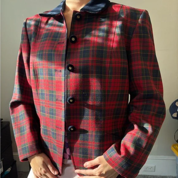 Vintage Pendleton Preppy Wool Plaid Red Blue Velvet Twee Jacket Medium - Large - Picture 5 of 13
